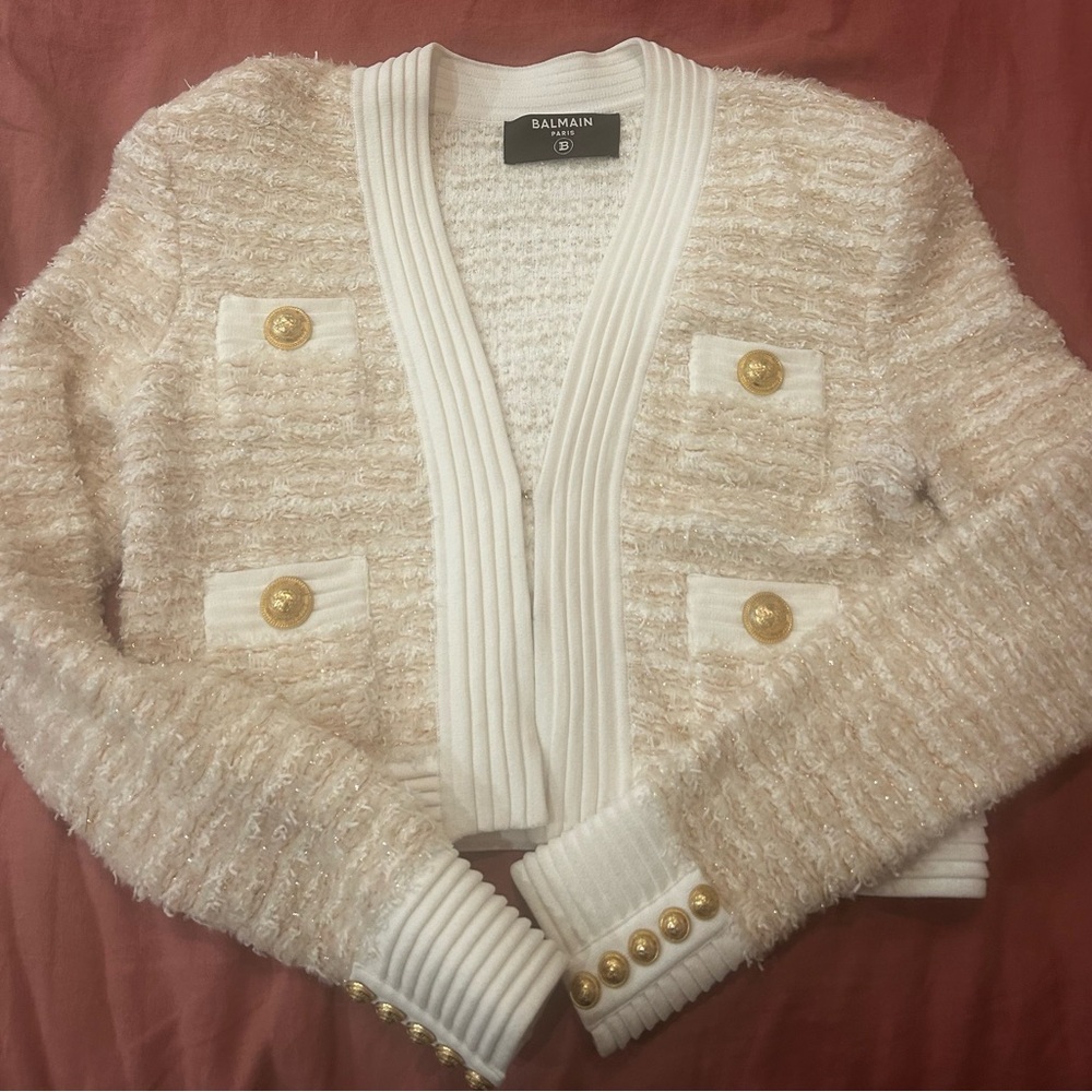 Balmain Cream and White Tweed Cardigan with Gold Buttons